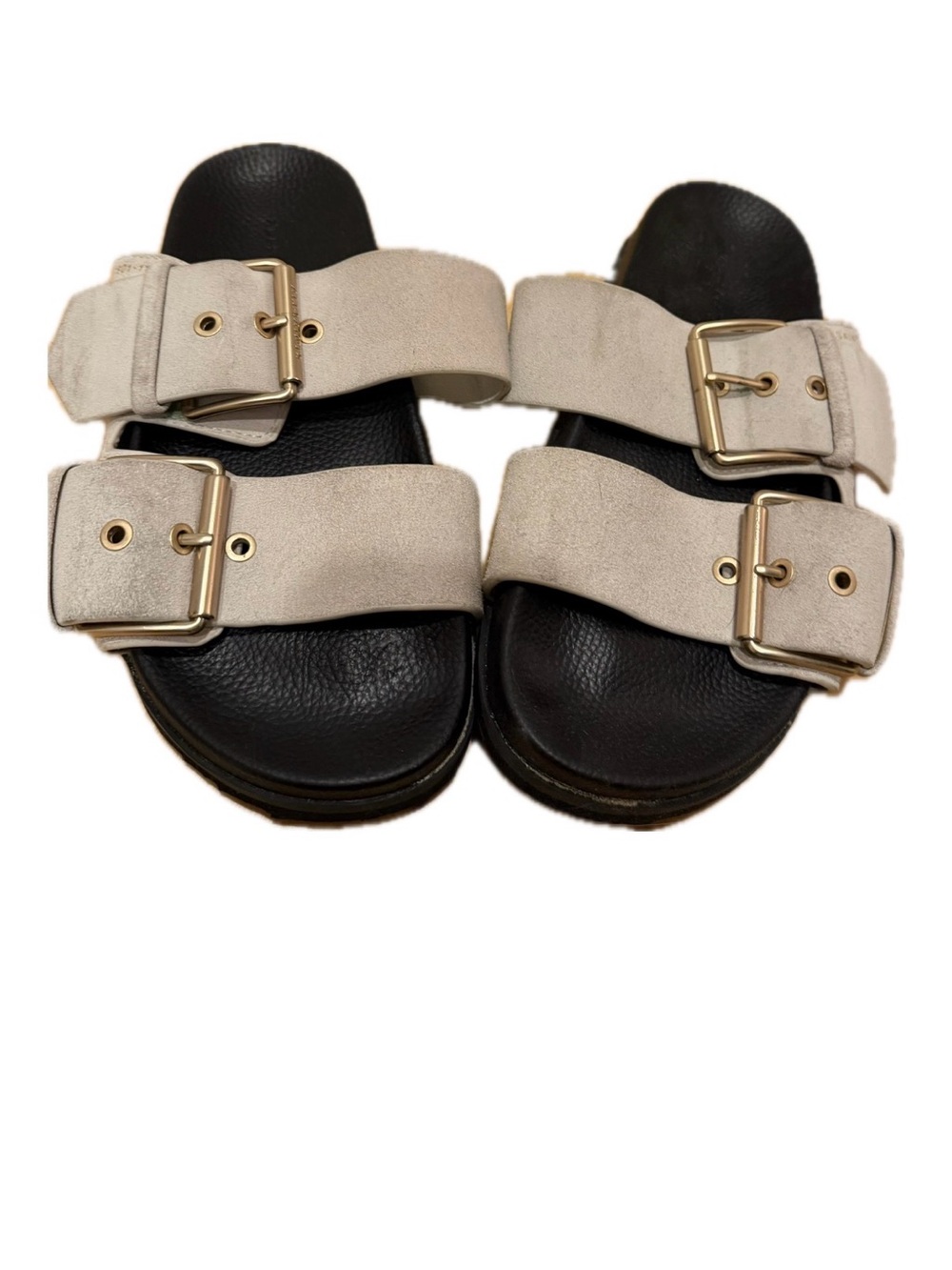 All Saints Beige Double-Buckle Slide Sandals with Black Footbed